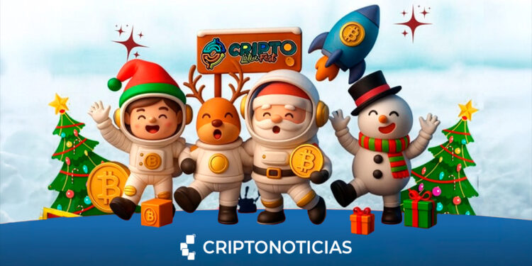 Perosonajes de Navidad en 3D, festejando con regalos y monedas de Bitcoin alrededor. Detrás un cartel con el logo de Cripto Latin Fest, debajo el logo de CriptoNoticias