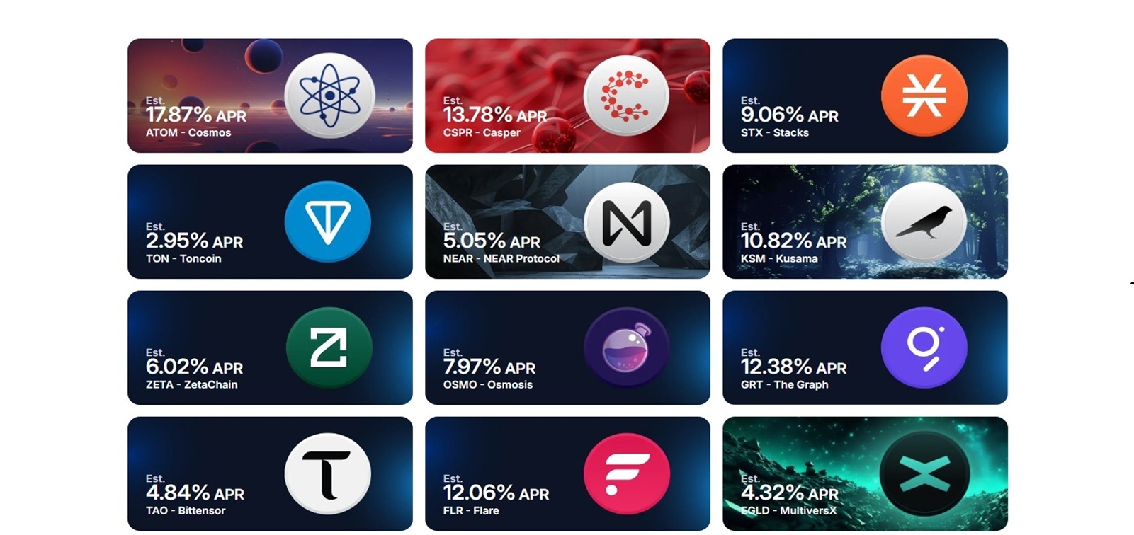 Matriz de iconos de tokens de distintas redes de criptomonedas disponibles para staking.