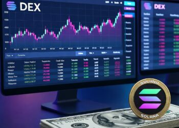 Una computadora que refleja operaciones de trading de un DEX, junto a billetes de dólar y un token de SOL.