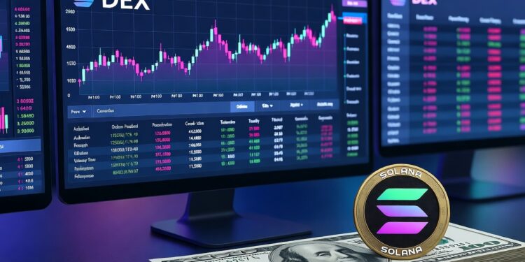 Una computadora que refleja operaciones de trading de un DEX, junto a billetes de dólar y un token de SOL.