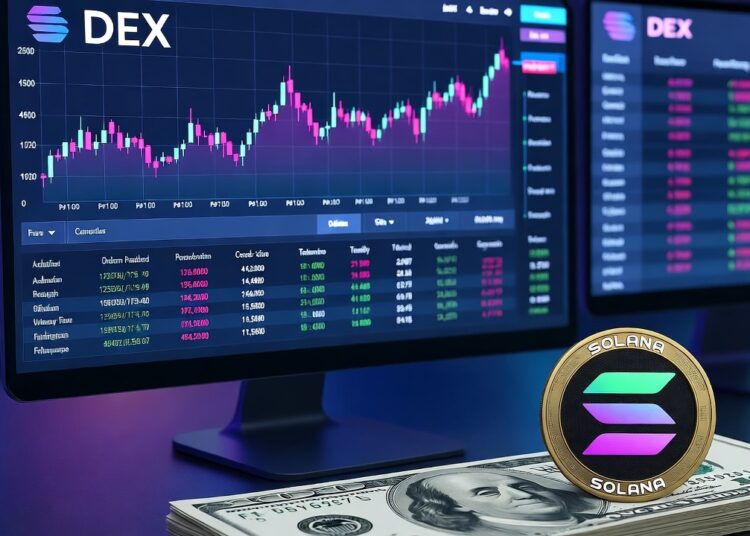Una computadora que refleja operaciones de trading de un DEX, junto a billetes de dólar y un token de SOL.