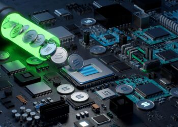 Monedas plateadas de Solana siendo emitidas por un tubo hacia el interior de una computadora.