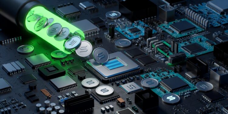 Monedas plateadas de Solana siendo emitidas por un tubo hacia el interior de una computadora.
