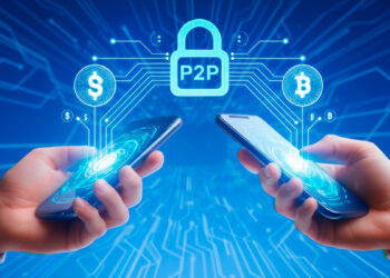 2 usuarios, conectándose a través de sus celulares, realizando una transacción P2P, Com luces holográficas conectándolos al símbolo de un candado P2P