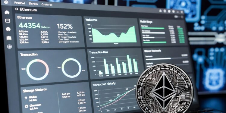 Una pantalla de una computadora con gráficos y datos financieros, junto a una moneda dorada de Ethereum.
