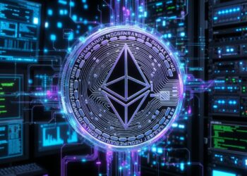 Una criptomoneda de ethereum dentro de un procesador computacional.
