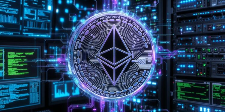 Una criptomoneda de ethereum dentro de un procesador computacional.