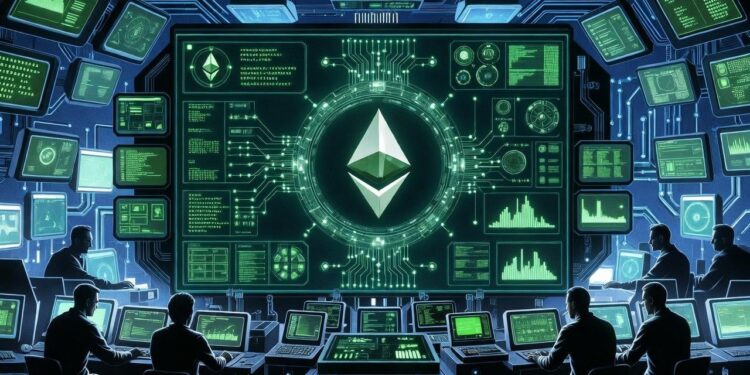 Una pantalla gigante con imagenes, simbolos y graficos que expresan datos de la red Ethereum, junto a personas operando computadoras.