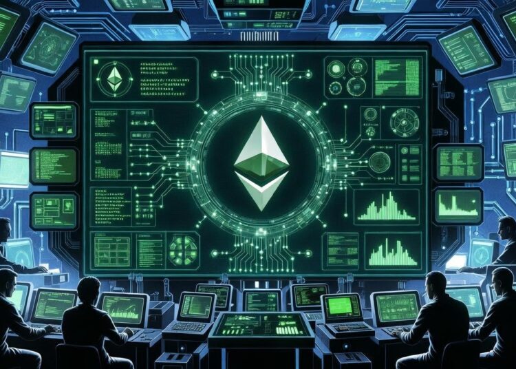 Una pantalla gigante con imagenes, simbolos y graficos que expresan datos de la red Ethereum, junto a personas operando computadoras.