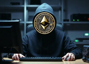 Una persona sentada en un escritorio operando una computadora con la cara tapada con na moneda de ethereum.