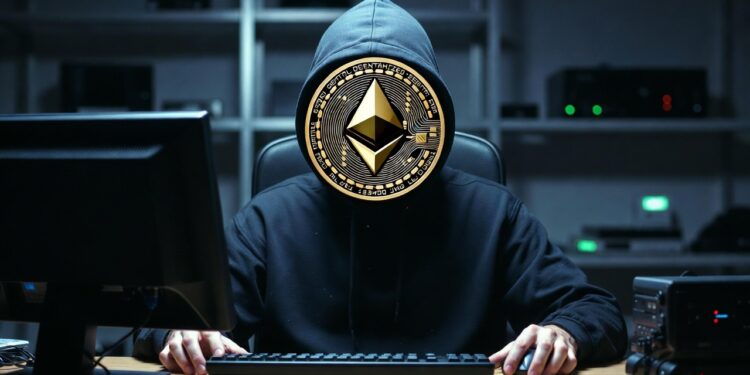 Una persona sentada en un escritorio operando una computadora con la cara tapada con na moneda de ethereum.