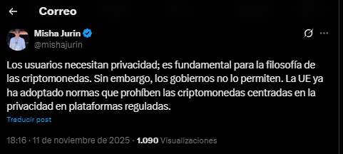 Una alerta en X de Misha Jurin, miembro de la comunidad de bitcoin, sobre la amenaza a la privacidad por parte de los gobiernos.