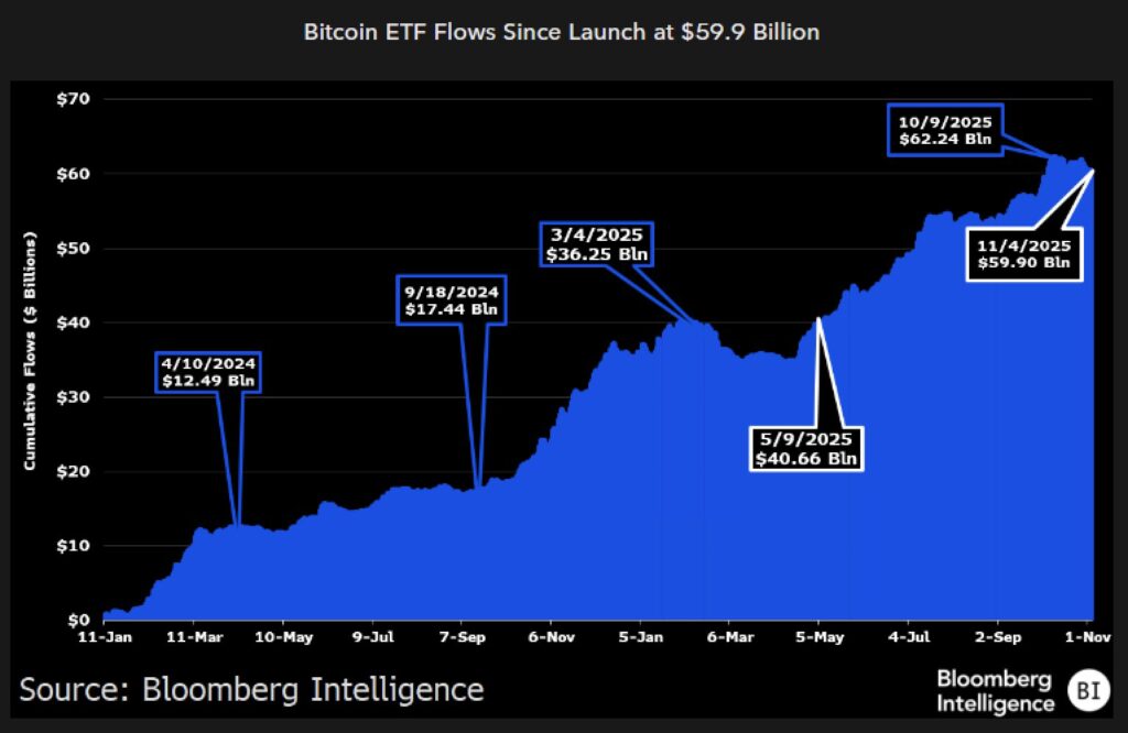 Gráfico que muestra la evolución de los flujos acumulados de los ETF de bitcoin desde su lanzamiento.