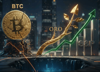 Representación gráfica de la caída de BTC, mientras que el ORO y S&P suben.