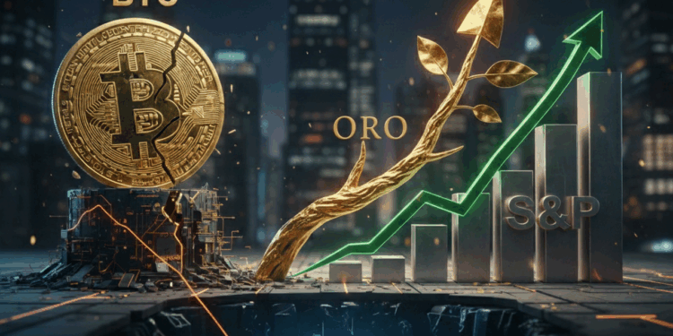 Representación gráfica de la caída de BTC, mientras que el ORO y S&P suben.