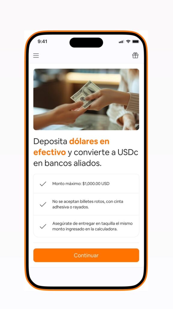 Un móvil mostrando la opción de depositar dólares en efectivo en bancos y convertirlos a la moneda digital USDC.