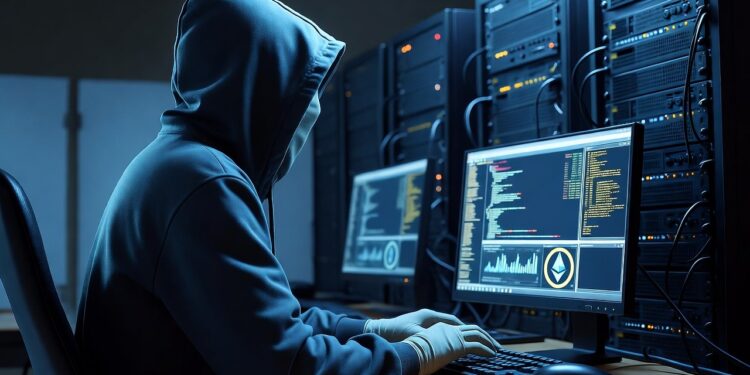 Un hacker enmascarado operando con computadoras y dispositivos electrónicos.