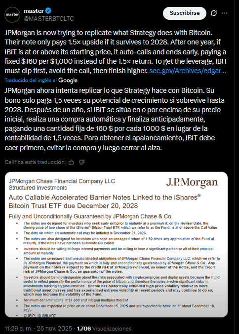 Un mensaje en X sobre los bonos con bitcoin recien anunciados por JP Morgan.