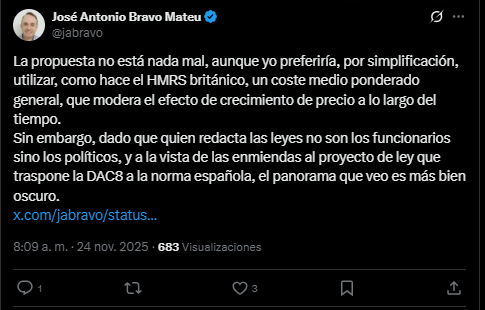 Un mensaje en X del economista José Antonio Bravo comentando una propuesta sobre bitcoin que hacen inspectores de Hacienda en España.