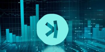 Símbolo de Kaspa y gráficos de columnas verdes.