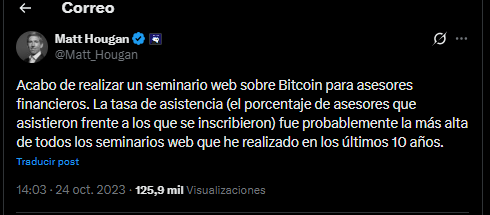 Un mensaje en X de Matt Hougan, director de inversiones de Bitwise sobre el elevado interรฉs de asesores financieros sobre bitcoin.