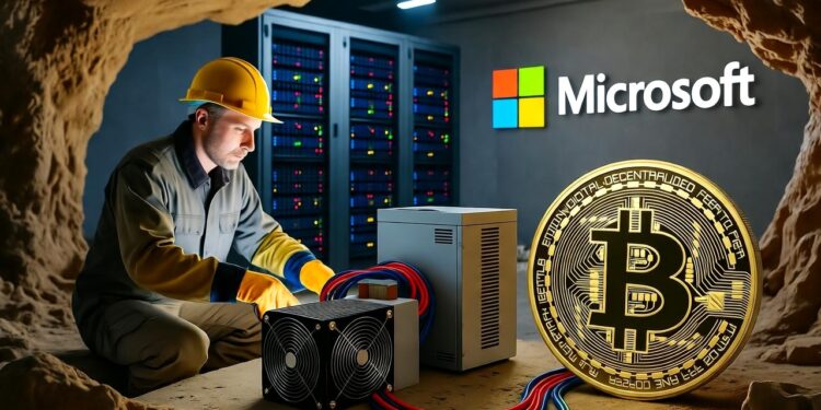 Un minero trabajando en una cueva con un dispositivo electronico, junto a una moneda de Bitcoin.