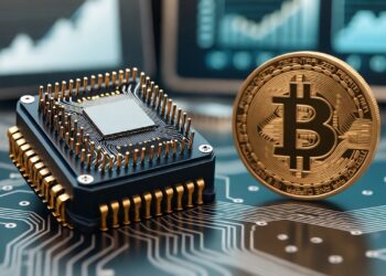 Un procesador de computadora junto a una moneda de Bitcoin.