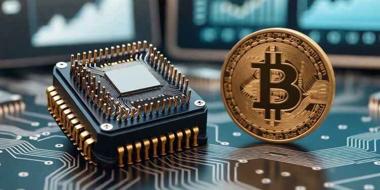 Un procesador de computadora junto a una moneda de Bitcoin.