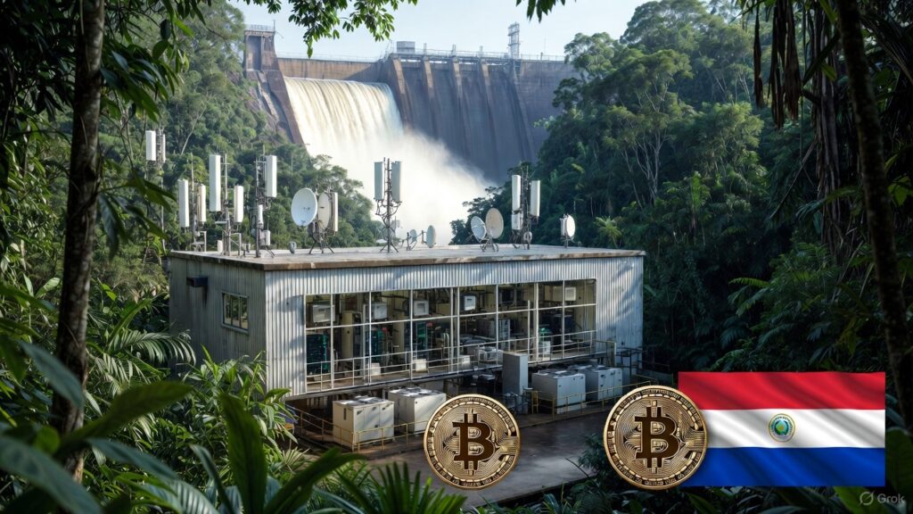 Una galpón de una empresa de mineria de bitcoin, operando junto a una represa hidroelectrica.