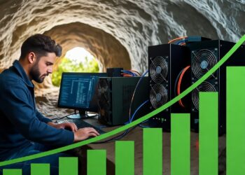 Un minero trabajando en una cueva con equipos de computación, junto a un gráfico de barras creciente.