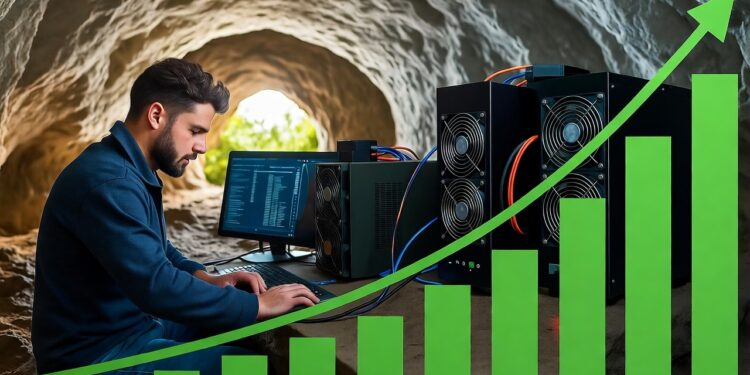 Un minero trabajando en una cueva con equipos de computación, junto a un gráfico de barras creciente.