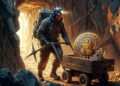 Un minero saliendo de una cueva con una carreta y una moneda de Bitcoin.