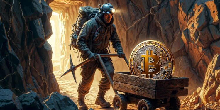 Un minero saliendo de una cueva con una carreta y una moneda de Bitcoin.