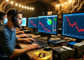 Personas trabajando en un centro de computacion dentro de una cueva minera de Bitcoin.