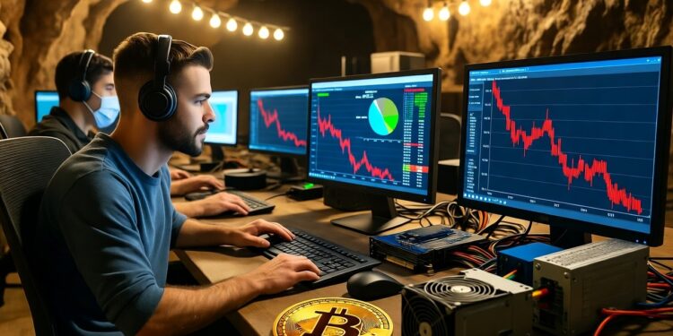 Personas trabajando en un centro de computacion dentro de una cueva minera de Bitcoin.