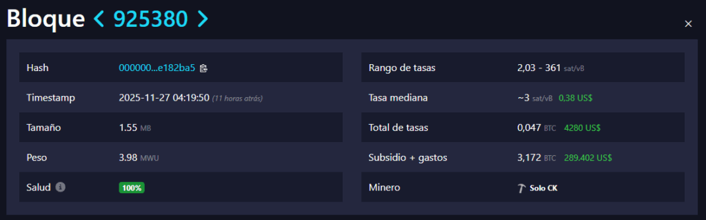 Imagen con datos de un bloque de Bitcoin extraida del sitio mempool.space.