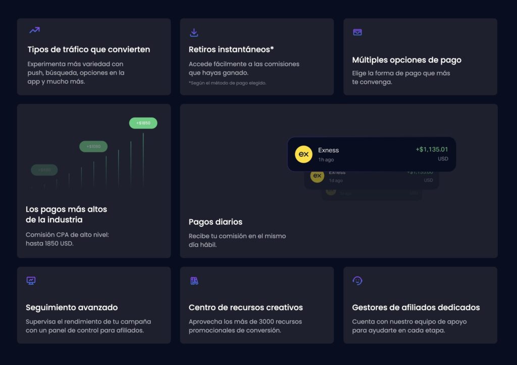 Interfaz de Exness mostrando los beneficios de su programa de afiliados.