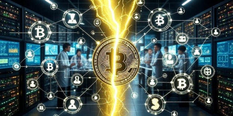 Una moneda de Bitcoin. Un relámpago amarillo partiendo la imagen a la mitad, con cientificos trabajando en un laboratorio.