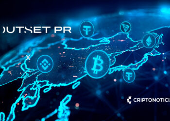 Asia vista desde el espacio, con luces conectándola, criptomonedas flotando encima, y loa logos de Outset PR y CriptoNoticias