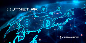 Asia vista desde el espacio, con luces conectándola, criptomonedas flotando encima, y loa logos de Outset PR y CriptoNoticias