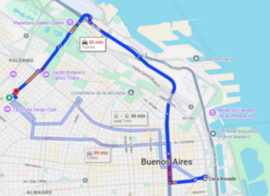 Un mapa que muestra la distancia que hay entre la Casa Rosada de Argentina y el Barrio Palermo Soho, donde se construye un Centro Cypherpunk.
