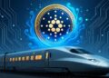 Una moneda de Cardano envuelta por un fuego azul encima de un tren bala.