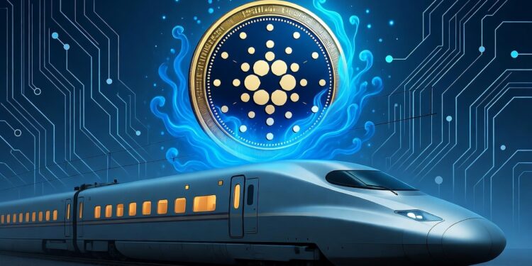Una moneda de Cardano envuelta por un fuego azul encima de un tren bala.