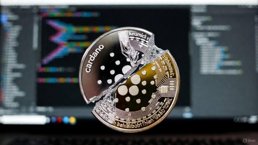 Una moneda digital e Cardano partida en pedazos con un fondo de una pantalla de una computadora.