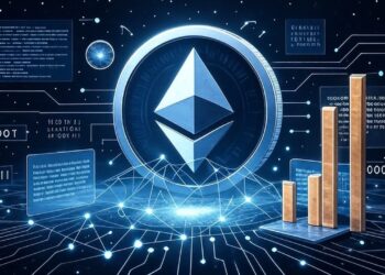 Una moneda de Ethereum en un entorno tecnológico, con gráficos y símbolos que refieren a análisis financieros.