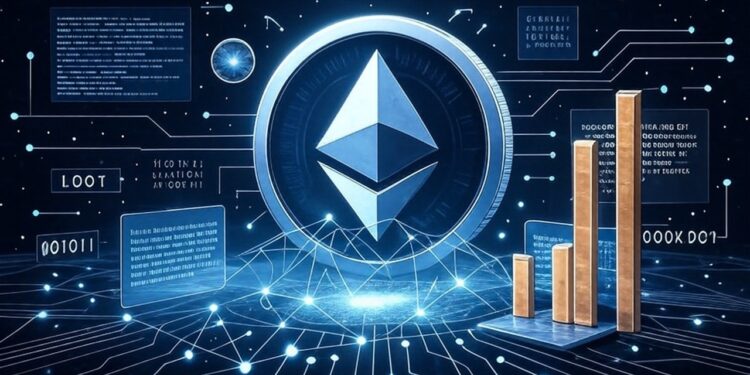 Una moneda de Ethereum en un entorno tecnológico, con gráficos y símbolos que refieren a análisis financieros.