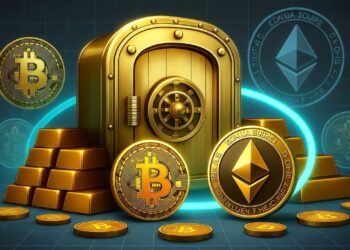 Una bóveda de con lingotes de oro y monedas de Bitcoin y de Ethereum.