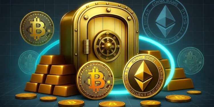 Una bóveda de con lingotes de oro y monedas de Bitcoin y de Ethereum.