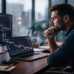 Hombre sentado en una oficina moderna analizando gráficos de precios de criptomonedas en un monitor y un portátil, con velas rojas en caída y ambiente de trading profesional.