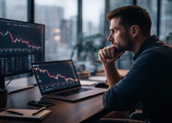 Hombre sentado en una oficina moderna analizando gráficos de precios de criptomonedas en un monitor y un portátil, con velas rojas en caída y ambiente de trading profesional.